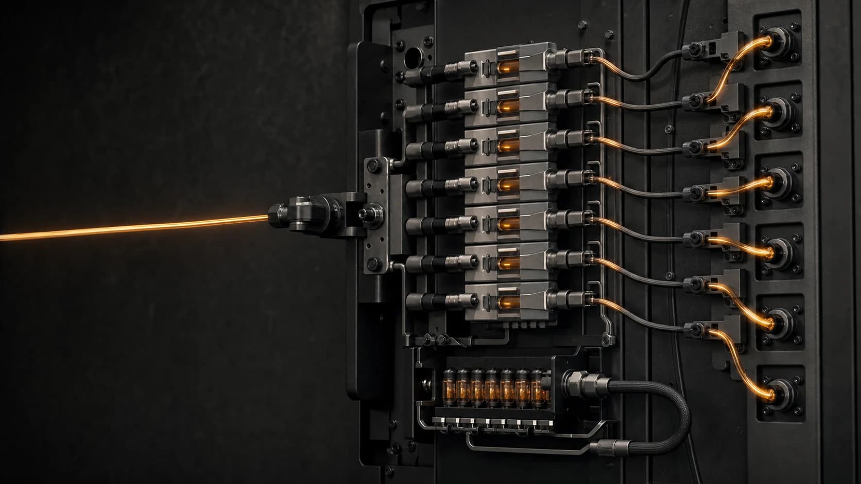 A machined routing manifold carrying one amber signal into multiple delivery paths